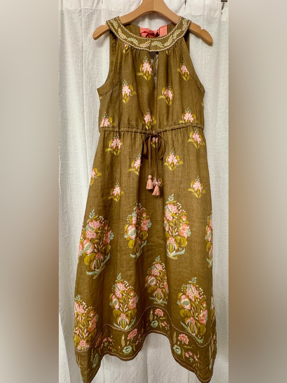 Spartina 449 Brown & Pink Linen Midi Dress with Floral Embroidery
